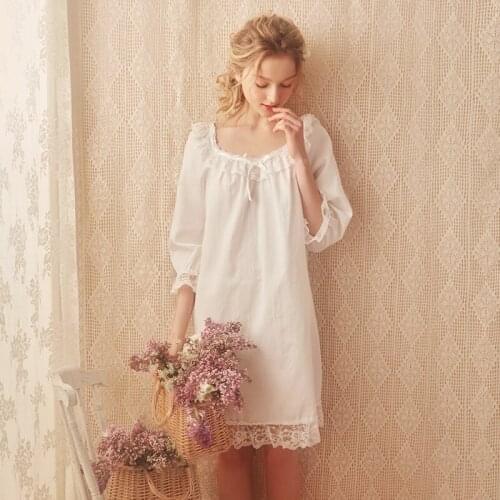 Free Shipping 2019 NEW Vintage Royal 100% Cotton Nightgowns Womens Short Pijamas Beige Sleepwear Lace pijama feminino