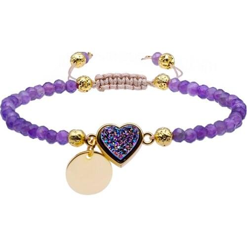 SUNYIK 4mm Faceted Stone Beads Bracelet,Heart Titanium Coated Quartz Druzy Crystal,Adjustable Wristband 6"-7.8"