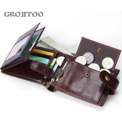 GROJITOO Business oil wax leather Men Wallet Top Layer Cowhide Large Capacity Wallet Multi Card Positions Coin Purse Card Pocket