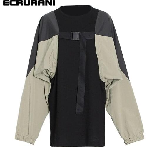 ECRURANI Patchwork Casual Fake Two Sweatshirts For Women O Neck Long Sleeve Hit Collar Loose Sweatshirt Female 2021 New Clothing
