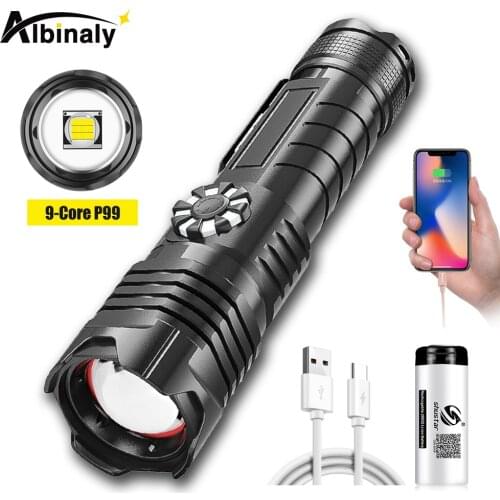 Stepless Dimming Flashlight Powerful XHP99 LED Torch Waterproof Camping Lantern USB Rechargeable Work Light 26650 Zoomable Lamp