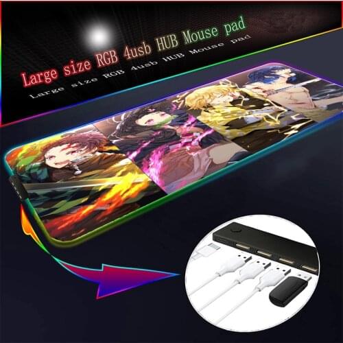 Anime Demon Slayer RGB Gaming Mouse Pad with 4-Port USB Hub LED Large Size Mousepad Base XXL for Desk Laptop Computer PC Games