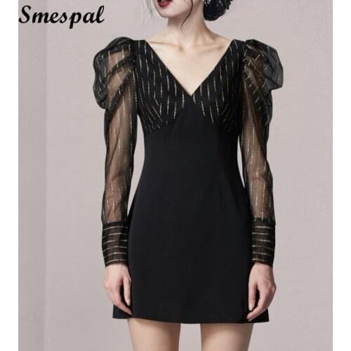 Mini Dress Women Autumn Fashion Lace Long Sleeve Black Bodycon Dress