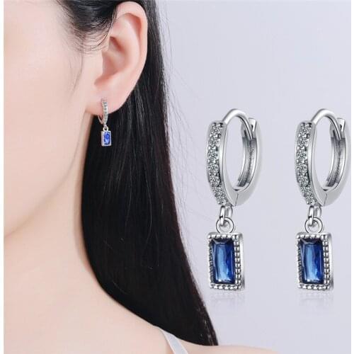 Charm Princess 925 Sterling Silver Earring For Women Bijou Shiny Top Quality Crystal Blue Rectangle Drop Earring Female Jewelry