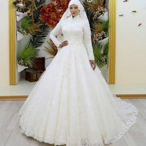 High Neck Long Sleeves Muslim A-Line Wedding Dresses Formal Bridal Gowns 2020 Custom Online Vestidos De Mariee Middle East