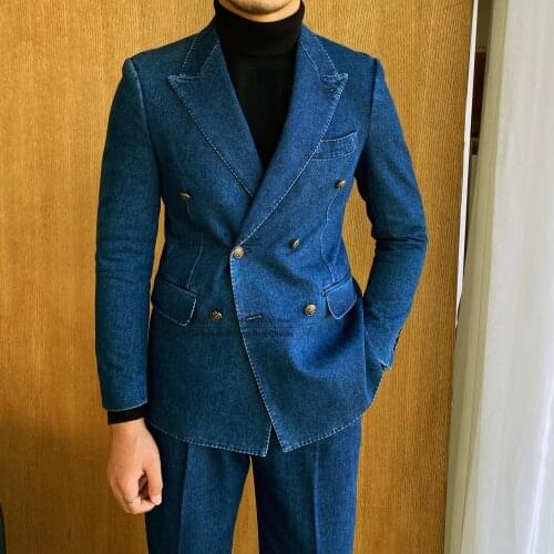 Peaked Lapel Blue Oxford Denim 2 Piece Mens Suits For Wedding Tuxedos Formal Smoking Groomsman Blazer+Pants Customized Overcoat