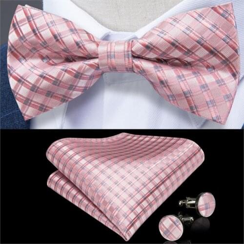 Mens Bowtie Pink Silver Plaid Silk Bowtie Hanky Cufflinks Set High Quality Mens Wedding Bowtie DiBanGu Designer Fashion LH-126