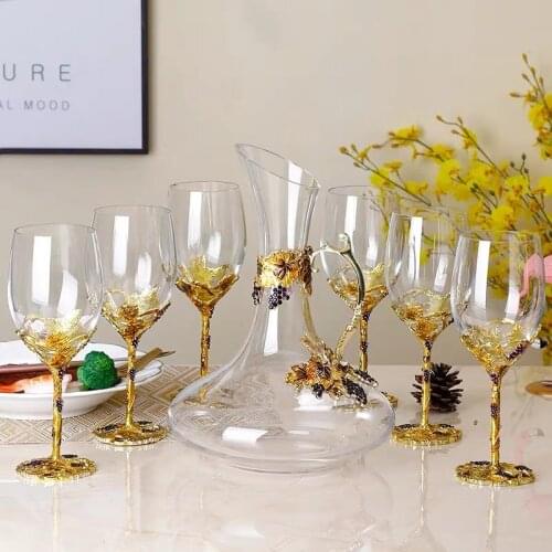 Enamel Lead Free Crystal Glass Wine Cups Decanter Set With Luxury Wine Holder High End Wedding Bussiness Gift