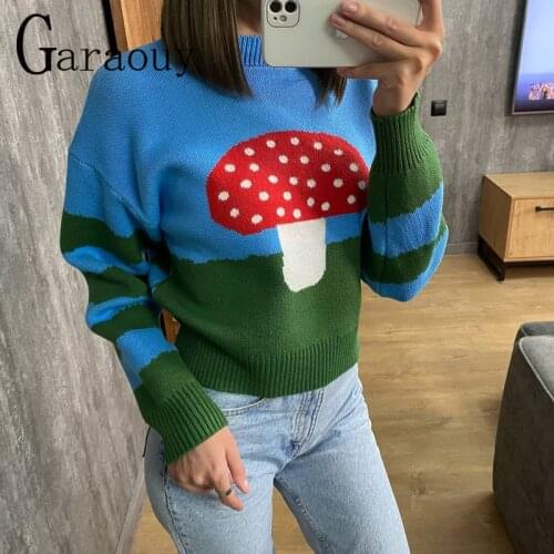 Garaouy New 2021 Women Autumn Clothing Fresh Aging Contrast Color Printing Round Neck Mushroom Pattern Cute Knitted Sweater ZA