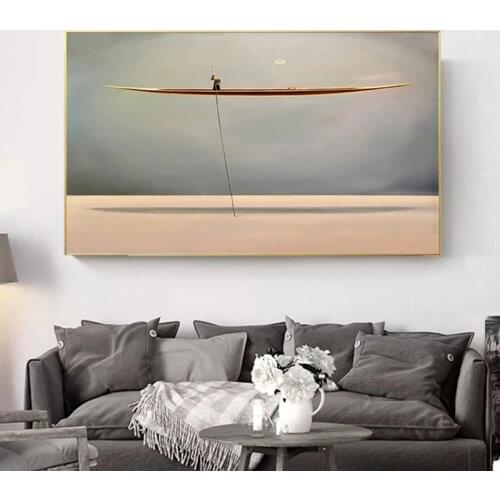 Nordic Vintage Poster Sea Golden Boat Abstract Canvas Painting Print Modern Wall Art Decoration Picture Living Room Decor