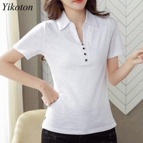 Women 100% Cotton T-Shirt Work Ladies Turn-down Collar T Shirt Black White Shirts Buttons Short Sleeve Top Female Slim Plus Size