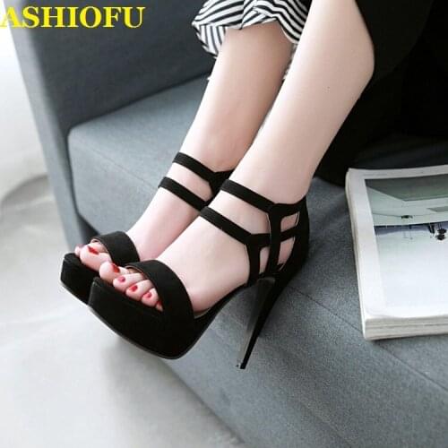 ASHIOFU Wholesale New 2020 Ladies High Heels Sandals Party Wedding Summer Platform Shoes Daily Wear Simple Style Fashion Sandals