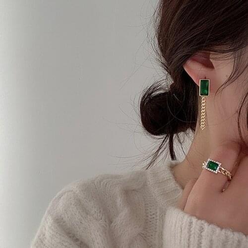 VENTFILLE 925 Sterling Silver Geometric Rectangle Green Crystal Chain Tassel Earrings For Women Party Jewelry Girls Gifts 2021