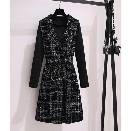 Plus Size 4XL Autumn 2 Piece Set Overalls Dress Women Long Sleeve Black Bottoming Shirt Top+Double Breasted Plaid Vest Dress