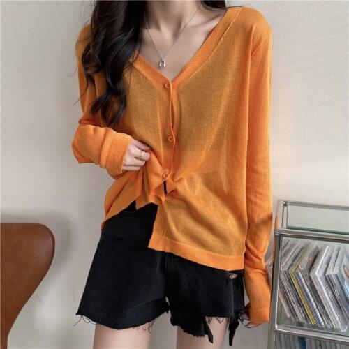 Womens Knitting Cardigan Pure Color V-neck Transparent Long Sleeve Knitted Fabric Loose Top Wholesale Thin New Female Clothing