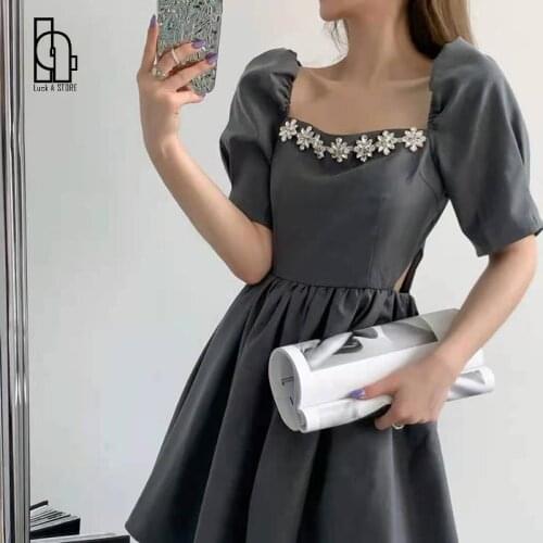 Women Mini Puff Sleeve Elegant Empire Fashionable Chic Summer Korean Version French Square Collar Vestidos De Verano