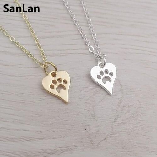 SanLan Dog Paw Print Heart Necklace for Women Animal Pet Puppy Heart shaped paw print charm necklaces & pendants