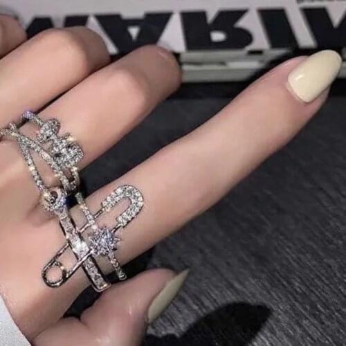 2021 New Punk Vintage Pin Rings for Women Fashion Simple Metal Crystal Ring Female Irregular Hollow Geometric Ring Jewelry Gift