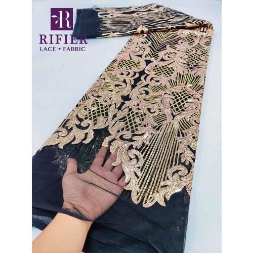 Gold And Black 2.5 Yards Sequined Net Tulle Lace With Embroidered For Bride Or Bridesmaids Wedding Evening Gowns Net Lace Fabric
