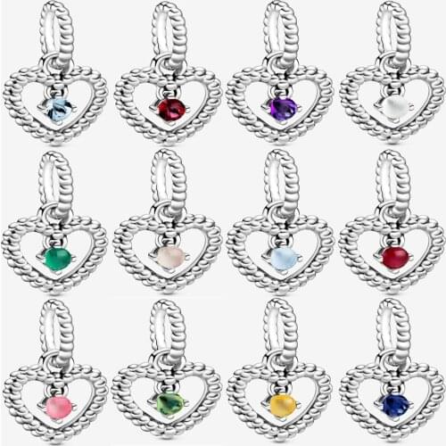 2020 New 925 Sterling Silver 12 Colors Beaded Heart Dangle Charm Fit pandora bracelet Necklace Pendant Dangle Charm DIY jewelry