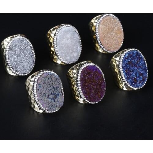 Big oval multi colors rough druzy stone bead charm pave rhinestone wide wrap hammered gold resizable open ring cuff for women