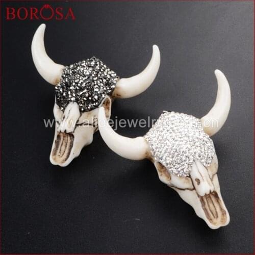 BOROSA Druzy Jewelry 10 pcs Longhorn resin horn cattle pendants bull cattle pendants Paved Black/White Zircon JAB339