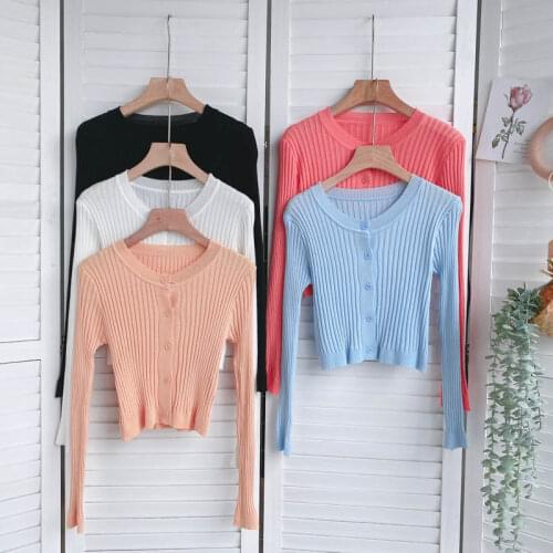 Croysier Single Breasted Cropped Cardigan Sweater Women Round Neck Long Sleeve Top Slim Jumper Ribbed Knitted Sweaters Cardigans