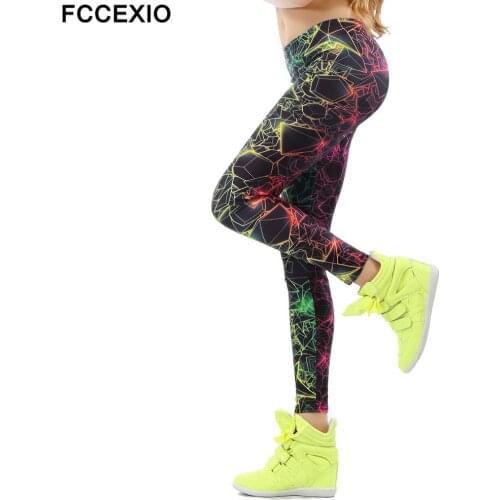 FCCEXIO Summer New Ray Fluorescence Pattern 3D Print Women Sexy Plus Size Leggins Casual Workout Fitness Pants Sports Legging