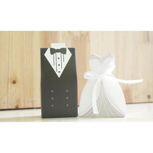 Hot Sale 100 Pcs/set Wedding Gifts Case Bride&Groom Tuxedo Dress Gown Ribbon Wedding Favor Candy Box Wedding Party Decor