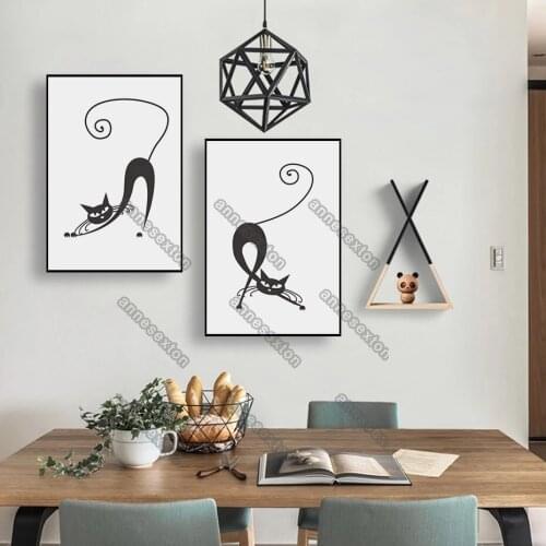 Art Abstract Creative Black Cats In White Blackground Nordic Style Canvas Painting Poster and Print for Home Rooms Wall Decorati