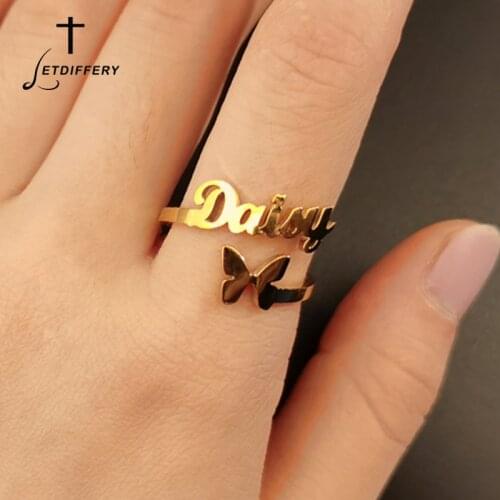 Letdiffery Custom Butterfly Name Rings for Women Personlized Stainless Steel Adjustable Ring Unique Engagement Gift Femme