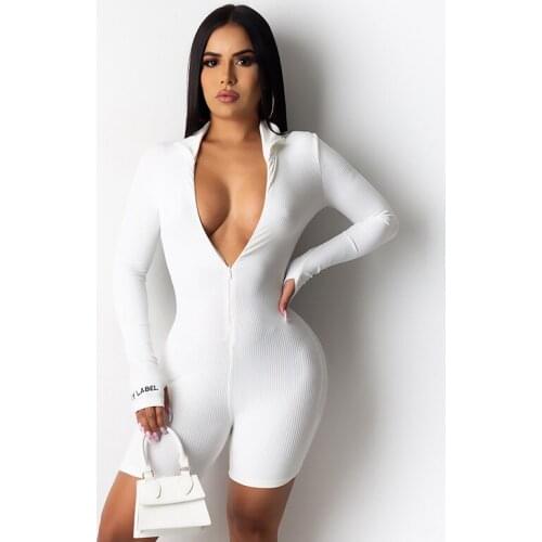 Lucky Label Jumpsuit Zipper Front Knit Rib Bodycon Fitness Playsuit Sportswear Long Sleeve Body Rompers Shorts Womens Clubwear