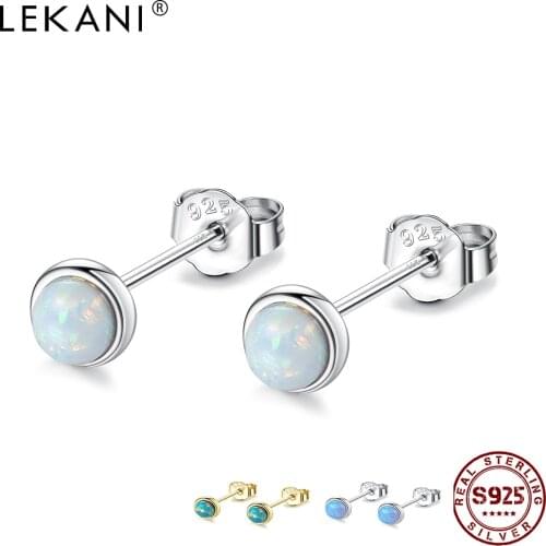 LEKANI 925 Sterling Silver Fire Opal Earrings For Women Blue Opal Cute Small Stud Earring Fine Jewelry Valentines Day Gift