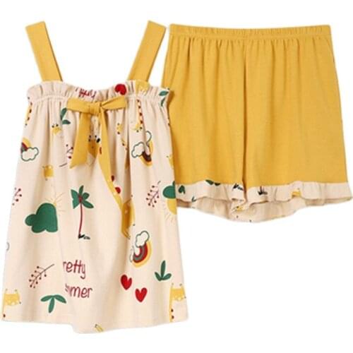 Summer Womens Sling Pajama Set Pure Cotton Comfortable Loose Cartoon Vest Home Service