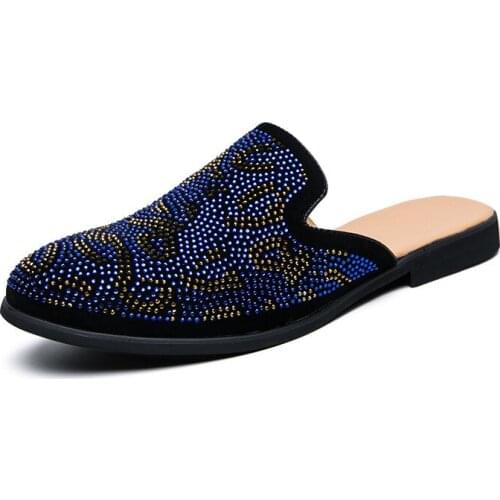 2021 New Mens Shoes Fashion and Elegant Blue Color Diamond Pattern Low Heel Comfortable Casual All-match Half-drag