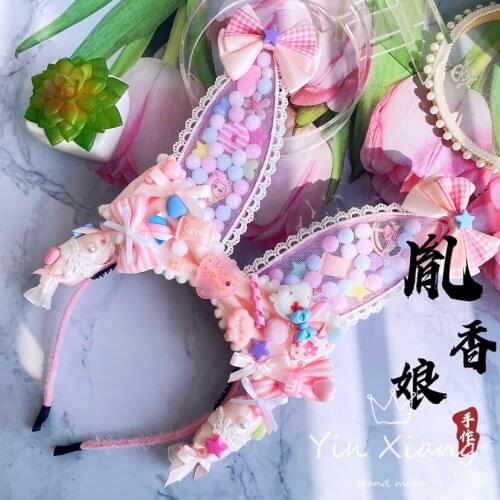 Original Handwork Lolita KC Sweet Plush Bear Ears KC Hair Hoop Lace Bowknot Pink Sandwich Candy Girls Hair Accessories New