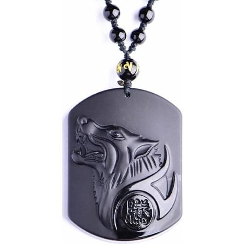 Drop Shipping Black Obsidian Wolf Necklace Carving Wolf Head Amulet Pendant With Chain Obsidian Blessing Lucky Pendants Jewelry