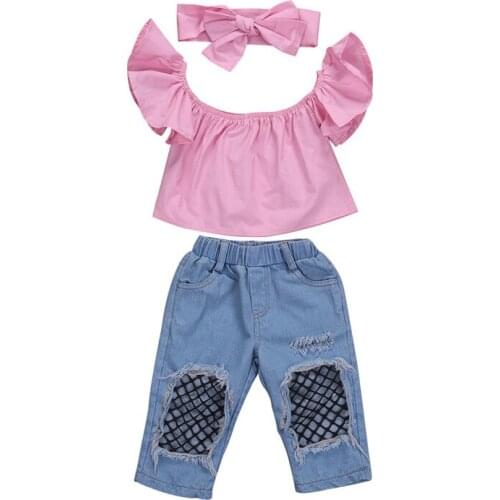 Pudcoco US Stock 3Pcs Baby Kids Girls Clothes Sets Off Shoulder Tops T-Shirts Denim Pants Hole Jeans 3Pcs Outfits Set Clothing
