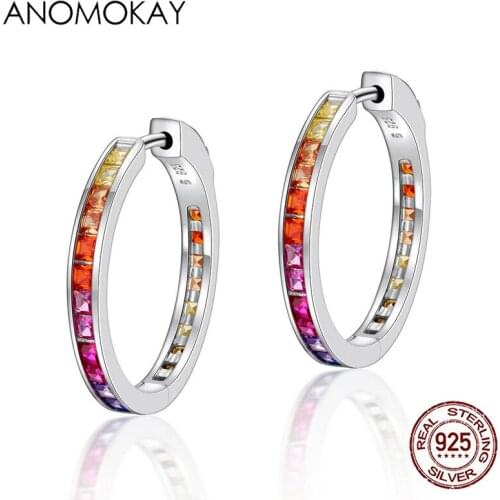 Anomokay Classic Colorful Zircon Round Silver Earrings for Women GF Birthday Gift Real 925 Sterling Silver Earrings Fine Jewelry