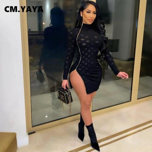 CM.YAYA Women Solid Zipper Patchwork Cut Out Hollow Out Gauze Midi Dress Bodycon Mini Dresses for Sexy Club Party Wear Outfits