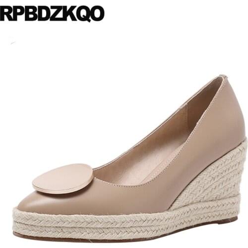 Pointed toe casual pumps genuine leather size 4 34 high heels autumn shoes platform wedge designer women luxury 2019 8cm fashion