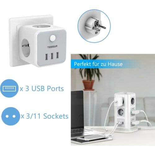 TESSAN Power Strip Tower with 3 USB Ports and 11 Outlet Extender USB Socket with Switch Button EU Standard Adapter for Home