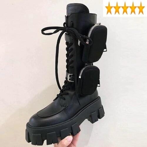 Mid Gothic Womens Thick Platform Calf Motorcycle Bags Designer Runway Genuine Leather Military Boots Lace Up Knight Shoes