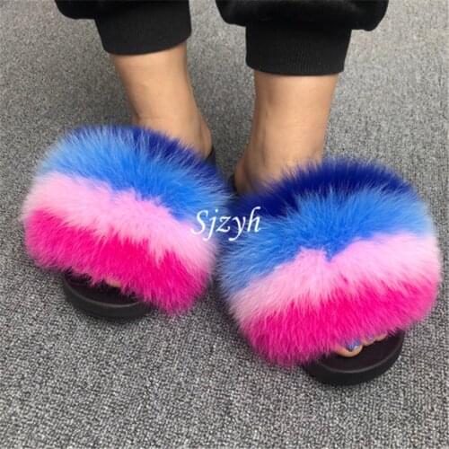 Womens Winter Fox Fur Slippers Girls Indoor Warm Plush Shoes Ladies Home Furry Flip Flops Female Fluffy Fur Slides Wholesale