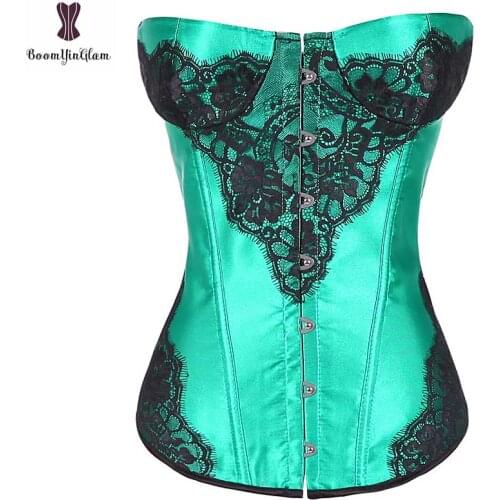 Green Corset Satin Overbust Korsett For Women Lace Appliques Gothic Korset Fish Boned Waist Slimming Bustier Outfit Sexy Gorset