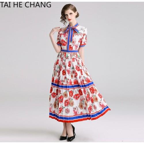 Women Dress Summer Spring Elegant Bodycon Vintage Party Runway Casual Print Short Sleeve Maxi Pleated Shirt Office Work Dresses