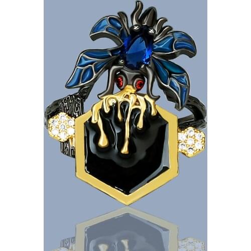 CIZEVA Retro Exaggerated Bee Insect Ladies Ring Black Gold Personalized New Trend Insect Ring Handmade Enamel Silver Jewelry