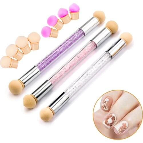 1 Set Pink Double-headed Gradient Brushes Acrylic Rhinestone Handle Sponge Nail Art Brush For Ombre Gradient Nails Manicure Tool