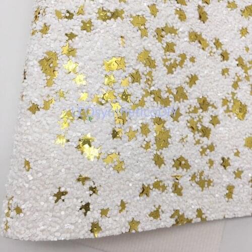 1PC 21X29CM Glitter Fabric, White Chunky Glitter Leather with Gold Stars For Making Bows LEOsyntheticoDIY R242