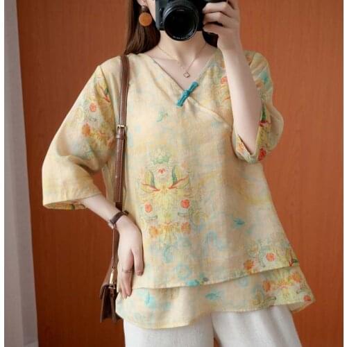 2021 Woman Traditional Chinese Clothing Top Retro Flower Print Hanfu Women Tops Elegant Oriental Tang Suit Chinese Blouse KK3680